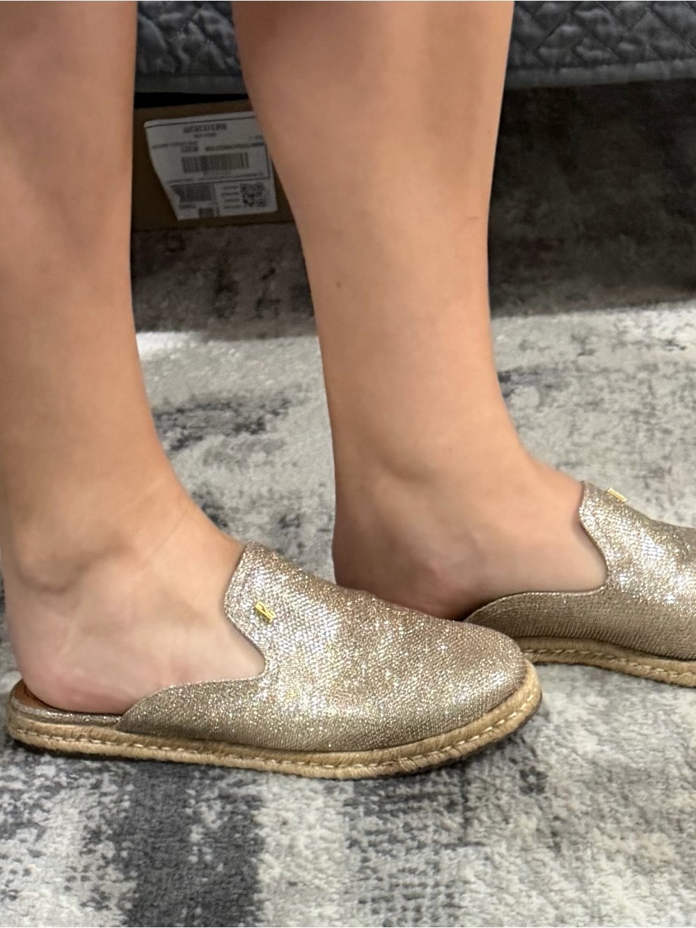 Glitter Slip-On Espadrille Mules in Gold